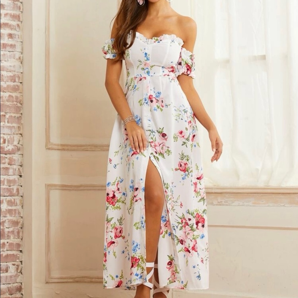 SHEIN Off Shoulder Floral Frill Trim Split Thigh Dress